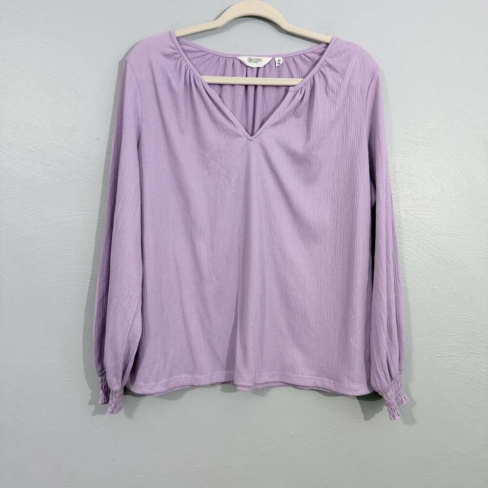 Candace Cameron Lavender Crinkle Gauze V-Neck Blouse Smocked Cuff Top Medium